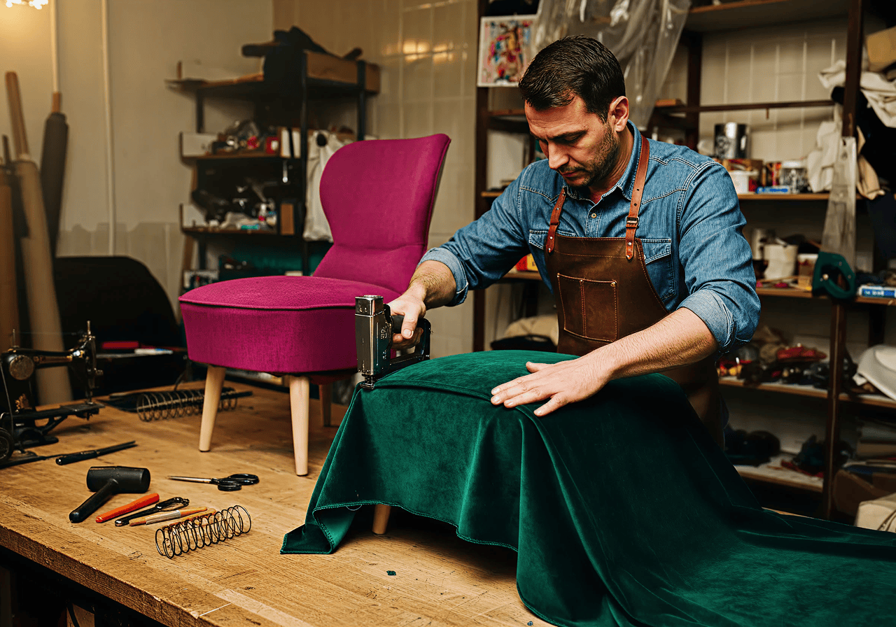 Decorative nailhead trim being applied to a green velvet chair